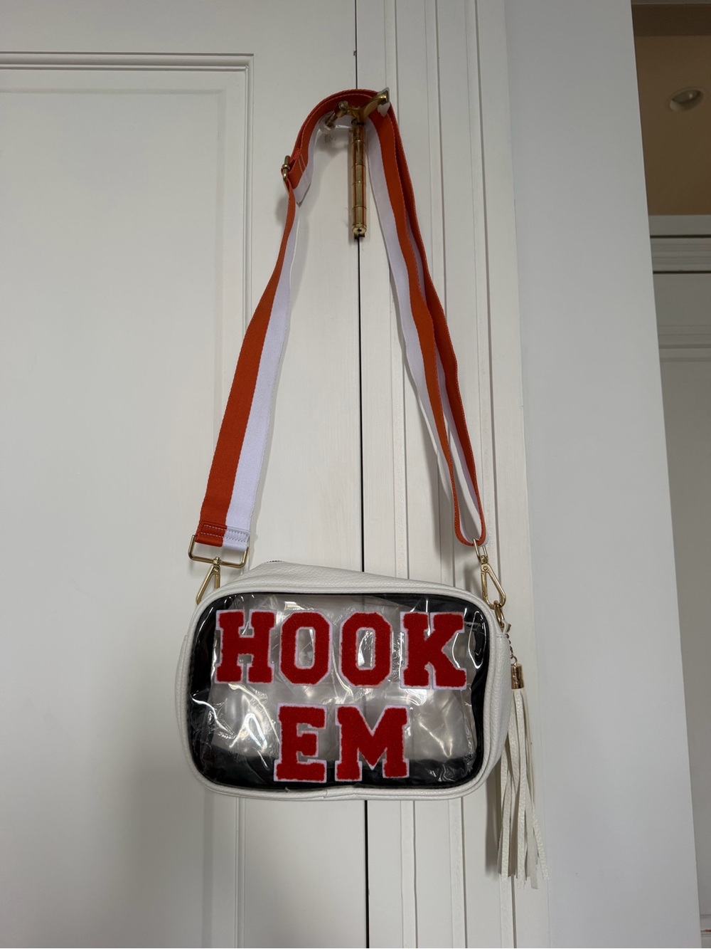 White Clear Crossbody Bag with Orange Strap - HOOK EM Accent